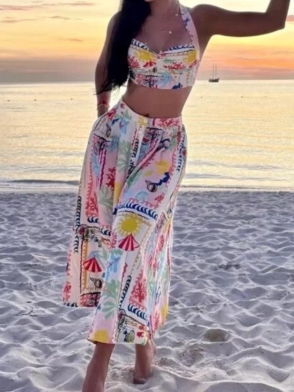 Zara Tropical Print Two-Piece Set - Crop Halter Top & Button Front Skirt